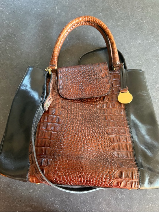 Brahmin Handbags - Brahmin Brown Croc Embossed & Black Leather Satchel Shoulder Bag Gold Hardware